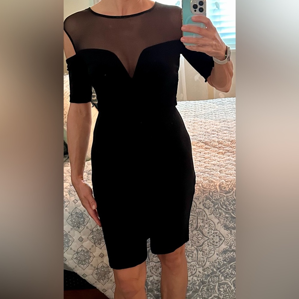 BCBG Black Women's Mini Dress with mesh insert and cold shoulder size 8/M